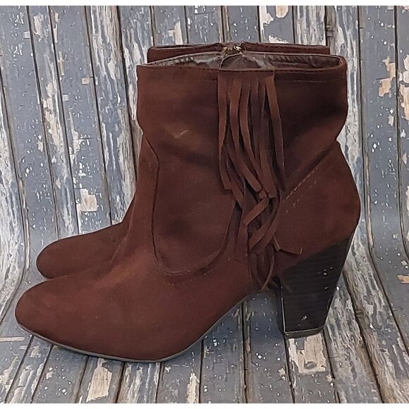 Cato Size 8 Side Zip Ankle Boots Block Heel Booties Brown Faux Suede Fringe - Picture 1 of 13